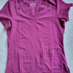 Beyond Scrubs Women's Short Sleeve V-Neck Top and Bottom Set - Plum